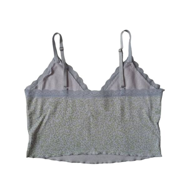 H&M Blue and Green Lace Trim Floral Print Cropped Ribbed Camisole Women's Large - Picture 2 of 12